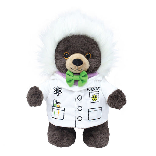 Plushy's Closet Scientist Costume features a plush bear in a white lab coat with science-themed designs, a green bow tie, and fluffy hood. This educational toy stands upright with a friendly face, perfect for inspiring young scientists.