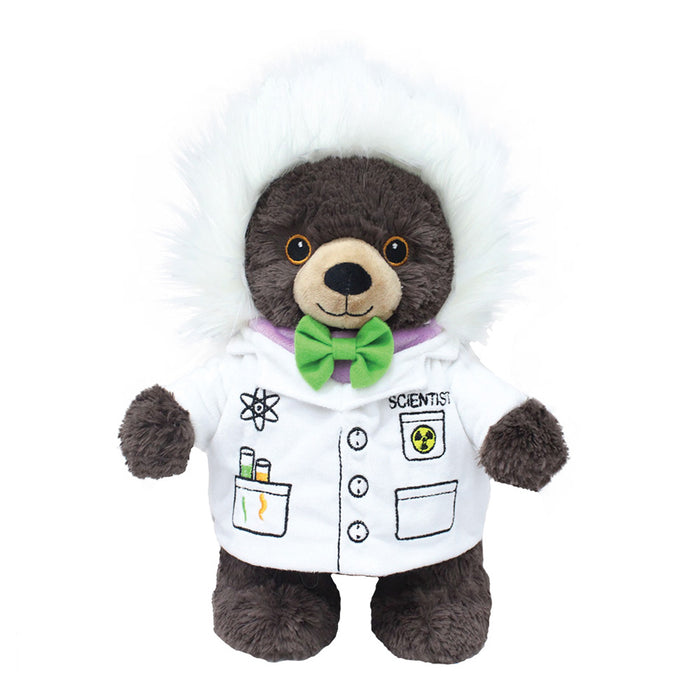 Plushy's Closet Scientist Costume features a plush bear in a white lab coat with science-themed designs, a green bow tie, and fluffy hood. This educational toy stands upright with a friendly face, perfect for inspiring young scientists.