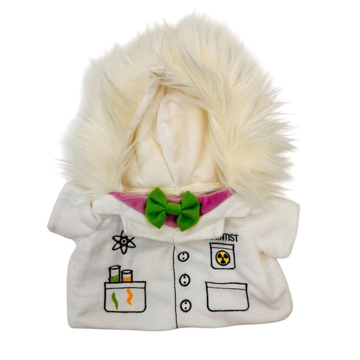 The Plushy's Closet Scientist Costume is a white lab coat for pets with a furry hood, green bow tie, and embroidered science icons like test tubes, an atom, and radiation symbol—ideal for educational fun.