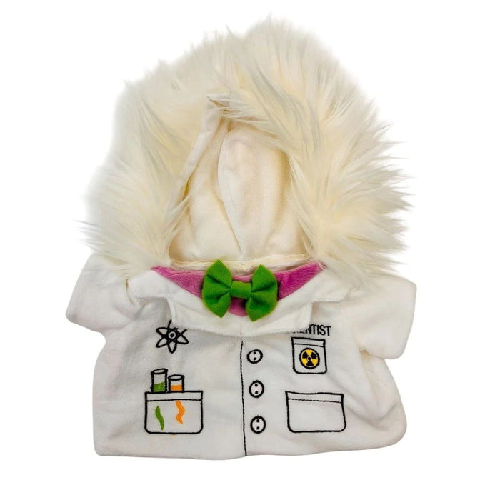 The Plushy's Closet Scientist Costume is a white lab coat for pets with a furry hood, green bow tie, and embroidered science icons like test tubes, an atom, and radiation symbol—ideal for educational fun.