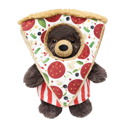 Plushy's Closet Pizza Costume features a plush teddy bear in a bright pizza outfit with red and white stripes. This eco-friendly toy makes an adorable, imaginative play companion for kids, playfully peeking out from the cheesy slice.