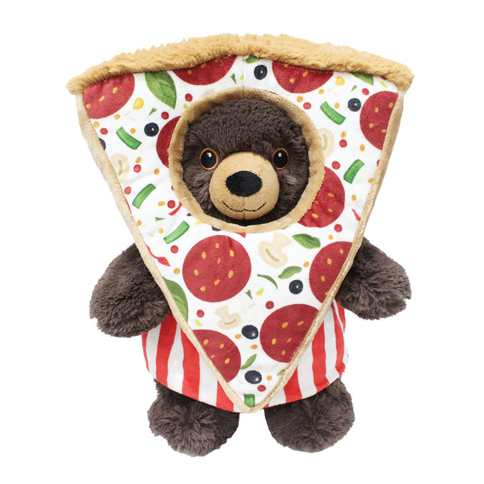 Plushy's Closet Pizza Costume features a plush teddy bear in a bright pizza outfit with red and white stripes. This eco-friendly toy makes an adorable, imaginative play companion for kids, playfully peeking out from the cheesy slice.