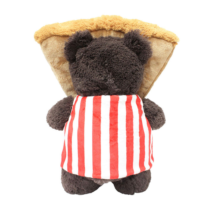 A dark brown plush bear wears a red and white striped shirt and comes with Plushy's Closet Pizza Costume—a soft, tan pizza slice with a golden crust attached to its back. Perfect for imaginative play.