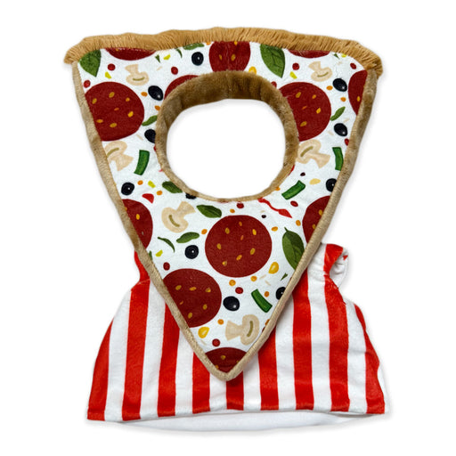Plushy's Closet Pizza Costume is an eco-friendly, plush pet outfit shaped like a pizza slice with pepperoni, olives, and peppers. It features a head hole and red-and-white stripes at the base for a playful pizza box or apron look.