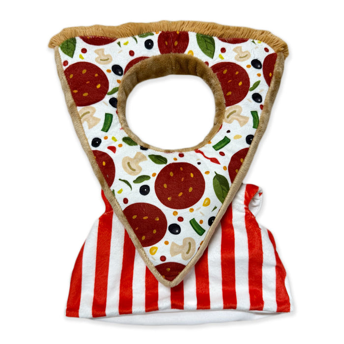 Plushy's Closet Pizza Costume is an eco-friendly, plush pet outfit shaped like a pizza slice with pepperoni, olives, and peppers. It features a head hole and red-and-white stripes at the base for a playful pizza box or apron look.