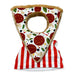 Plushy's Closet Pizza Costume is an eco-friendly, plush pet outfit shaped like a pizza slice with pepperoni, olives, and peppers. It features a head hole and red-and-white stripes at the base for a playful pizza box or apron look.