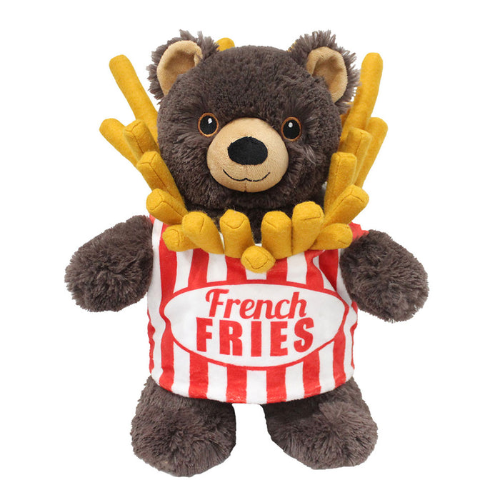 The Plushy's Closet Fries Costume features a plush brown teddy bear in a red and white striped "French FRIES" container with soft yellow plush fries—a delightful and sustainable addition to any playroom.