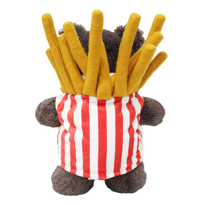 Plushy's Closet Fries Costume is a plush bear in a red and white striped fries outfit, topped with soft yellow toy French fries—perfect as a quirky, sustainable playroom addition.