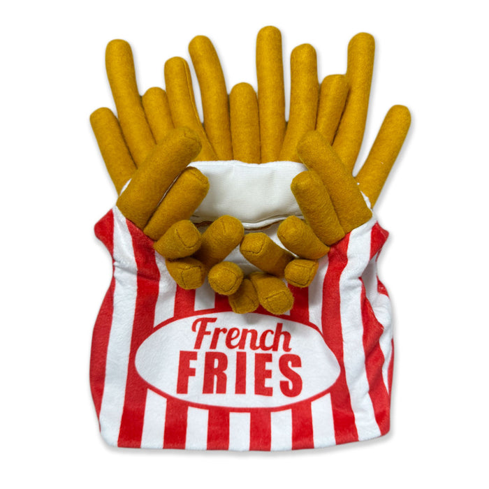 Plushy's Closet Fries Costume is a plush toy resembling a red and white striped French fries container with "French Fries" on the front and soft yellow fries—ideal for sustainable playrooms or as an eco-friendly costume.