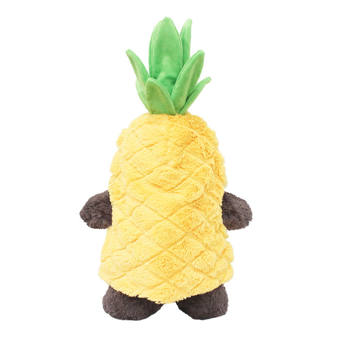 The Plushy's Closet Pineapple Costume is an eco-friendly plush toy with a textured yellow body, green leafy top, and brown arms and legs—ideal for snuggles and imaginative play.