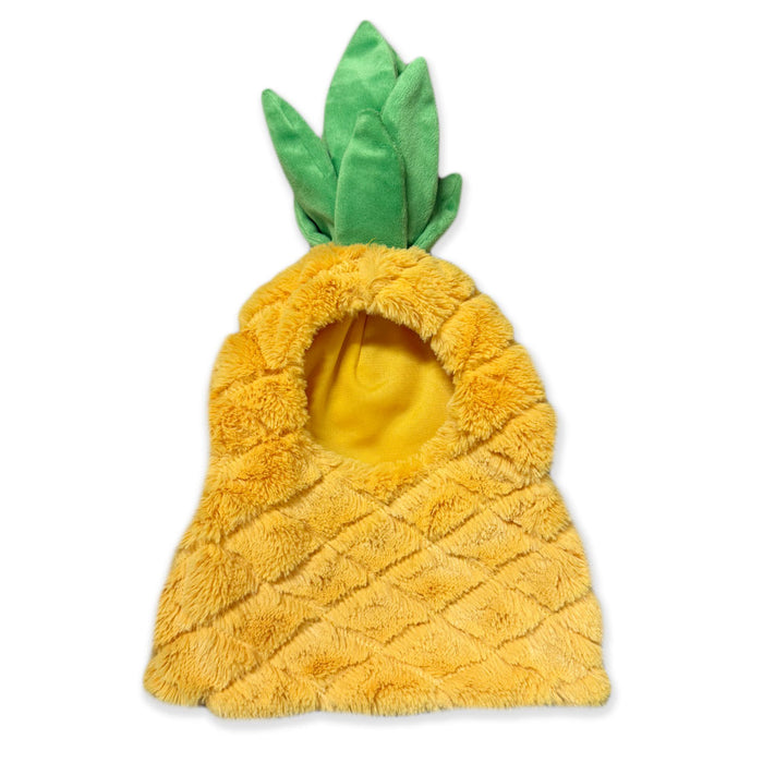 Plushy's Closet Pineapple Costume is a soft, yellow, eco-friendly plush hood with a quilted texture and green fabric leaves on top—perfect for imaginative play.
