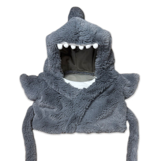 The Plushy's Closet Shark Robe Costume is a soft gray hooded scarf with shark fins and white teeth, featuring two long ends. This eco-friendly plush accessory is perfect for imaginative play. Background: plain white.