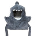 The Plushy's Closet Shark Robe Costume is a soft gray hooded scarf with shark fins and white teeth, featuring two long ends. This eco-friendly plush accessory is perfect for imaginative play. Background: plain white.