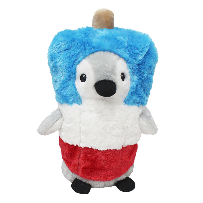 The Plushy's Closet Rocket Pop Costume features a penguin design with blue, white, and red popsicle colors, a tan popsicle stick on its head, black eyes and beak, and small flippers.