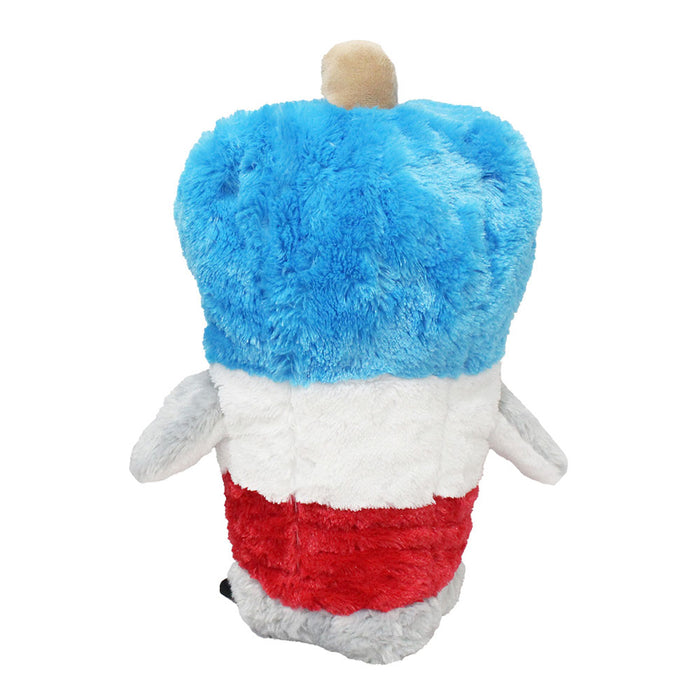 The Plushy's Closet Rocket Pop Costume is a plush toy shaped like a popsicle with blue, white, and red fuzzy stripes, small gray arms, and a tan stick at the top.