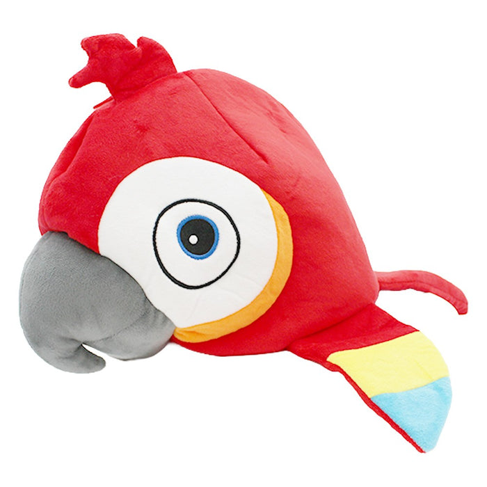 The Macaw Novelty Hat is a plush red parrot hat with a gray beak, big round eye, and yellow and blue wings—ideal for bird lovers or as a fun tropical party accessory.