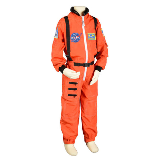 A child-sized mannequin in an orange NASA astronaut jumpsuit with patches, black straps, and accents—perfectly paired with the Eco-Friendly Plush Brown Bear for imaginative play.