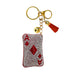 The Bling Ace of Diamonds Bag Charm features a gold keychain with a small bell, an orange tassel, and a rectangular charm adorned with red and clear rhinestones in a diamond pattern—making this sparkling accessory the perfect way for anyone who loves bling to add chic style to their daily essentials.
