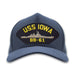 The USS IOWA BB-61 Embroidered Cap is a blue hat featuring a bold yellow patch with “USS IOWA BB-61” and a detailed embroidered image of the iconic battleship, making it the perfect accessory for naval history enthusiasts.