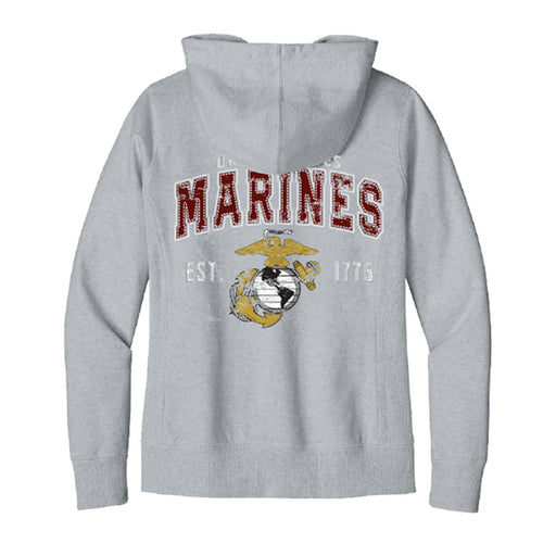 A gray United States Marine Corps Globe Insignia Zip Sweatshirt featuring large red “MARINES” lettering, the iconic Marine Corps globe insignia, and “United States” above with “EST. 1775” below, is shown laid flat with the back facing up.