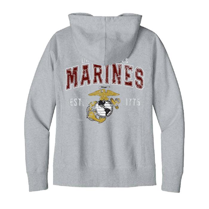 A gray United States Marine Corps Globe Insignia Zip Sweatshirt featuring large red “MARINES” lettering, the iconic Marine Corps globe insignia, and “United States” above with “EST. 1775” below, is shown laid flat with the back facing up.