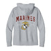 A gray United States Marine Corps Globe Insignia Zip Sweatshirt featuring large red “MARINES” lettering, the iconic Marine Corps globe insignia, and “United States” above with “EST. 1775” below, is shown laid flat with the back facing up.