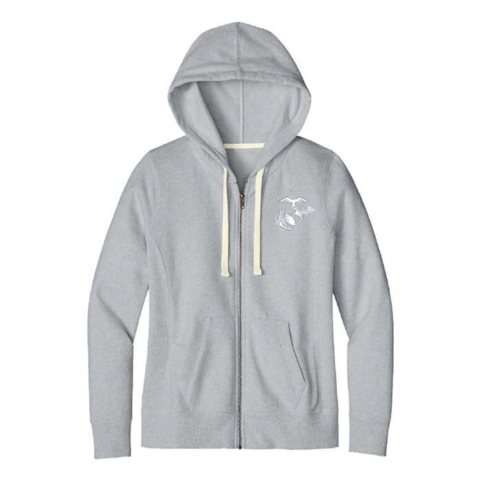 The United States Marine Corps Globe Insignia Zip Sweatshirt in light gray features a hood, cream-colored drawstrings, two front pockets, and a small white USMC Globe Insignia on the left chest. The sweatshirt is shown laid flat against a white background.