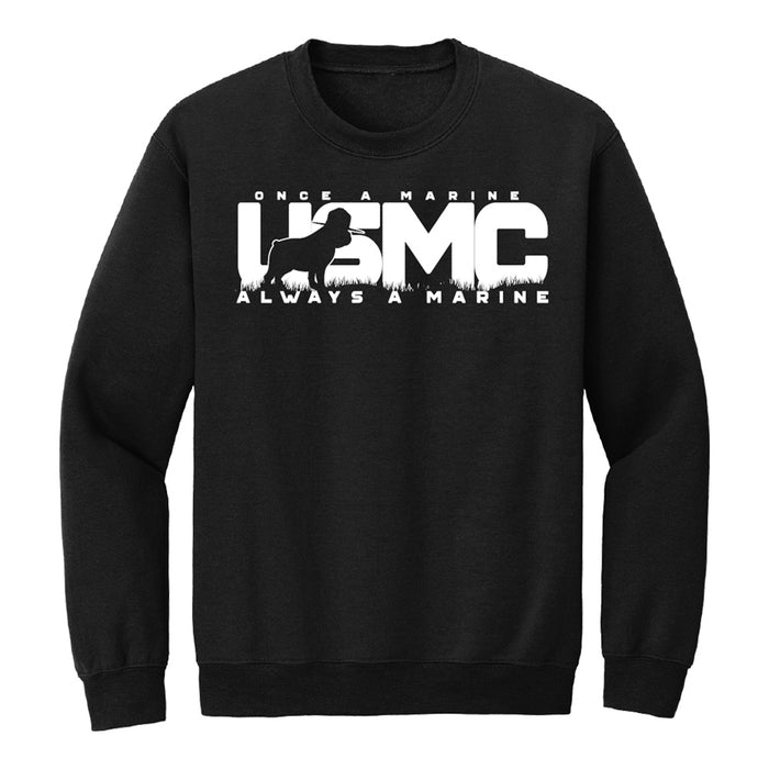 Stay patriotic and honor tradition with the United States Marine Corps Bull Dog Crew Sweatshirt—a black sweatshirt featuring bold white “USMC” text, the iconic “Once a Marine, Always a Marine” motto, and the striking silhouette of a Marine in front of the letters—perfect for anyone who appreciates classic USMC apparel.