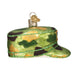 The Army Cap Ornament by Kurt Adler features a camouflage military cap design with green glitter trim and a gold hanging loop—ideal for any U.S. Army ornament collection.
