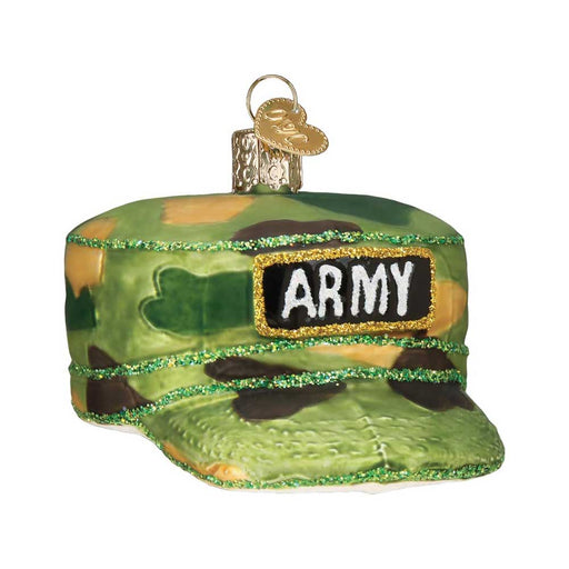 The Army Cap Ornament by Kurt Adler features a camouflage-patterned cap with a gold and black ARMY patch and a gold hanging loop—an ideal piece for any U.S. Army ornament collection.