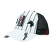 The Godfather Trucker Hat features a classic white and black mesh design with vertical stripes, horse head patches, a chess piece graphic, and a rectangular patch on the front showcasing a suited figure alongside The Godfather logo—delivering iconic cinema style in this standout movie poster-inspired trucker cap.