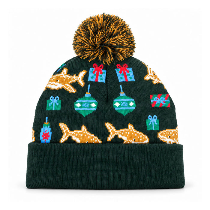 Georgia Aquarium Holiday Whale Shark Beanie in dark green knit, featuring a pom-pom and a repeating pattern of whale sharks, wrapped gifts, and ornaments.