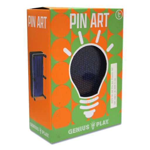 A green and orange box for Plastic Pin Art by Genius Play features a lightbulb graphic and an image of the 3D impression toy, highlighting it as a unique gift for ages 5 and up.