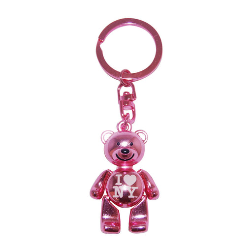 The I Love NY Pink Bear Keychain features a shiny pink bear with “I ♥ NY” on its chest, attached to a matching pink metal key ring—making it the perfect NYC souvenir.