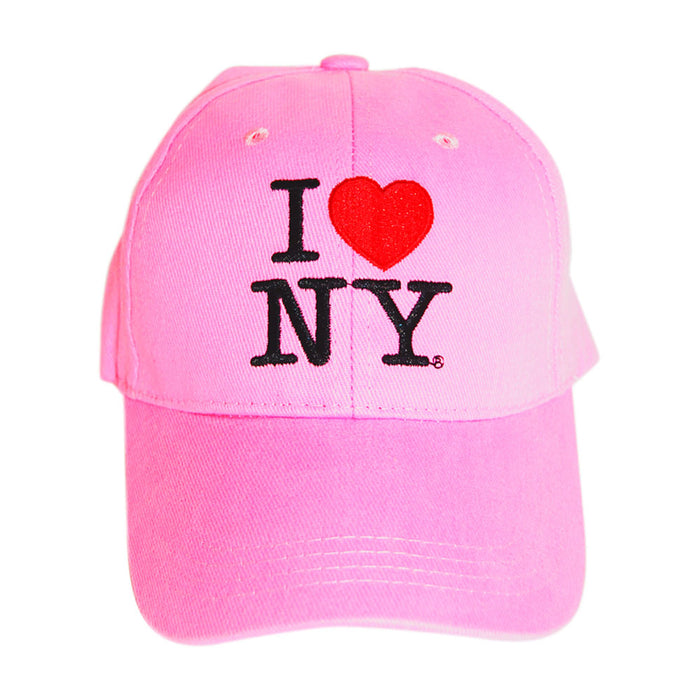 The I Love NY Pink Cap features “I ♥ NY” embroidered on the front in bold black and red lettering. Displayed against a white background, this pink baseball cap captures classic urban style and is an ideal New York souvenir.