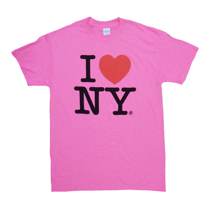 The I Love NY Pink T-Shirt features bold black “I ♥ NY” lettering with a large red heart symbol on the front, making it an ideal NYC souvenir for anyone eager to display their love for New York City.