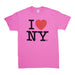 The I Love NY Pink T-Shirt features bold black “I ♥ NY” lettering with a large red heart symbol on the front, making it an ideal NYC souvenir for anyone eager to display their love for New York City.