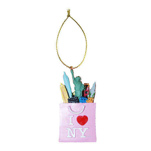 Add a touch of New York flair to your holiday décor with the I Love NY Pink Ornament—a bag-shaped pink ornament adorned with “I ♥ NY” and filled with miniatures of iconic city landmarks, like the Statue of Liberty and skyscrapers. Finished with a gold hanging loop, this charming keepsake celebrates the spirit of NYC.