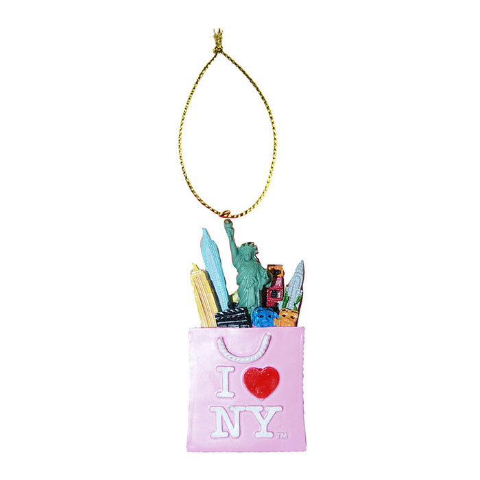 Add a touch of New York flair to your holiday décor with the I Love NY Pink Ornament—a bag-shaped pink ornament adorned with “I ♥ NY” and filled with miniatures of iconic city landmarks, like the Statue of Liberty and skyscrapers. Finished with a gold hanging loop, this charming keepsake celebrates the spirit of NYC.