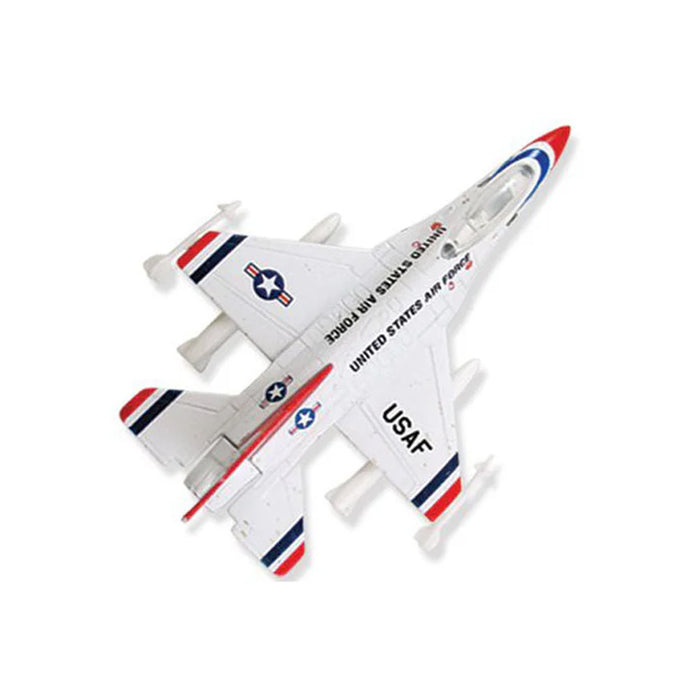 InAir Modern Jet Fighter - 4-piece Set: Features a toy model of a white US Air Force jet with red, white, and blue accents, viewed from above. Ideal for collectors of toy airplane models, the aircraft displays USAF and United States Air Force markings on its body and wings.