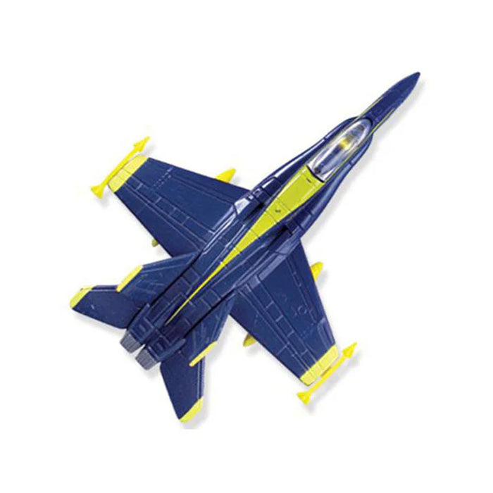 A top-down view of the InAir Modern Jet Fighter - 4-piece Set in blue and yellow highlights its sleek body, pointed nose, cockpit canopy, and tail fins—making it a classic addition to any toy airplane collection.