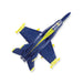 A top-down view of the InAir Modern Jet Fighter - 4-piece Set in blue and yellow highlights its sleek body, pointed nose, cockpit canopy, and tail fins—making it a classic addition to any toy airplane collection.
