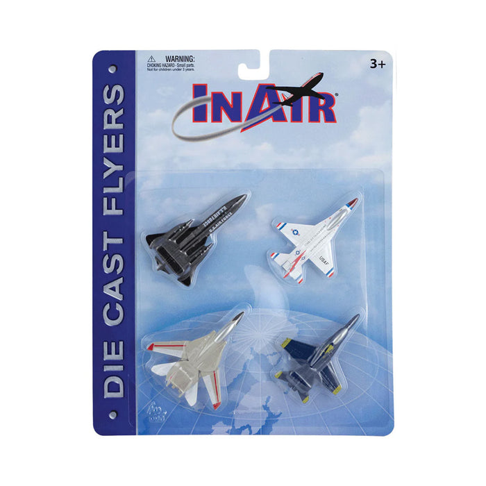 Introducing the InAir Modern Jet Fighter - 4-piece Set: a collection of four die-cast toy fighter jets in assorted vibrant colors. Labeled IN AIR and DIE CAST FLYERS, this set is perfect for young aviation enthusiasts ages 3 and up. Collect these detailed airplane models to inspire imagination, spark creativity, and provide hours of high-flying fun.