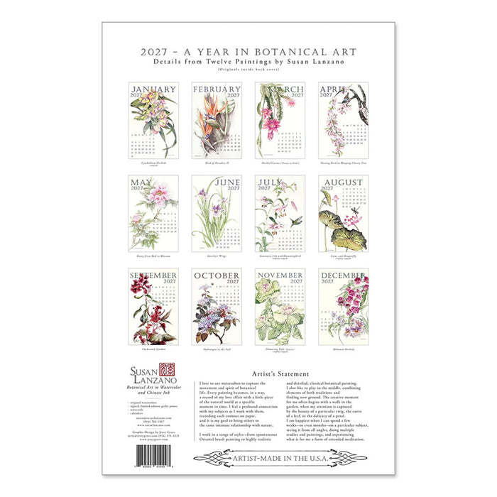 Back cover of the Susan Lanzano, A Year in Botanical Art: 2027 Calendar, featuring thumbnails of twelve watercolor paintings, a brief artist statement, and contact information.