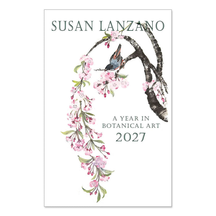 Cover of the Susan Lanzano, A Year in Botanical Art: 2027 Calendar, featuring a bird perched on a flowering cherry blossom branch.