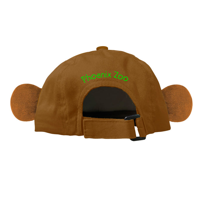 Brown baseball cap with monkey ears and Phoenix Zoo embroidered in green above the adjustable back strap.