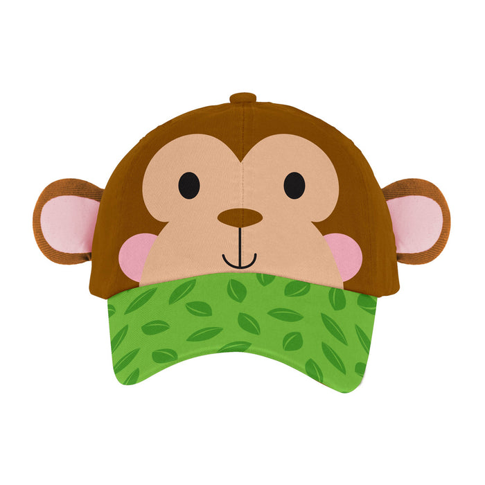 Brown baseball cap shaped like a monkey face with pink cheeks, brown ears, and a green bill with a leaf pattern.