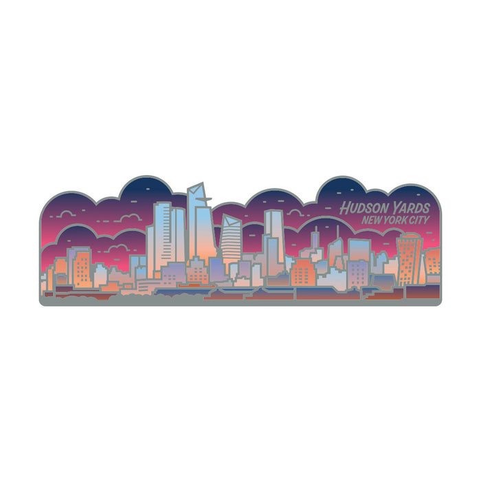 A shimmering iridescent effect enhances this illustrated magnet featuring the vibrant Hudson Yards skyline at sunset in New York City, with colorful buildings and clouds in the background. “Hudson Yards New York City” is displayed in the top right corner on this Hudson Yards Iridescent Skyline Magnet.