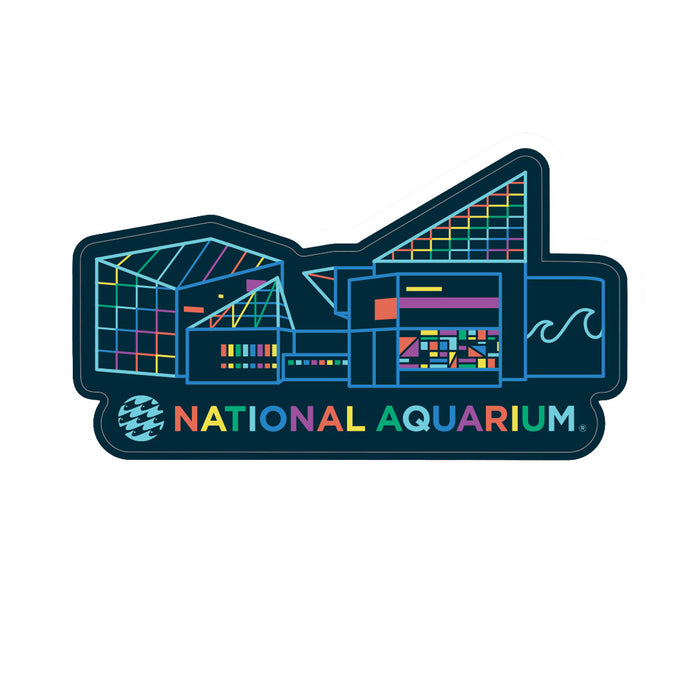 Introducing the National Aquarium Pride Sticker: a vibrant sticker illustration showcasing the National Aquarium building in neon lines, with “National Aquarium” in colorful letters beneath. Celebrating Baltimore Pride, this lively design features geometric shapes, a stylized wave, and captures the spirit of our city’s iconic ocean planet.