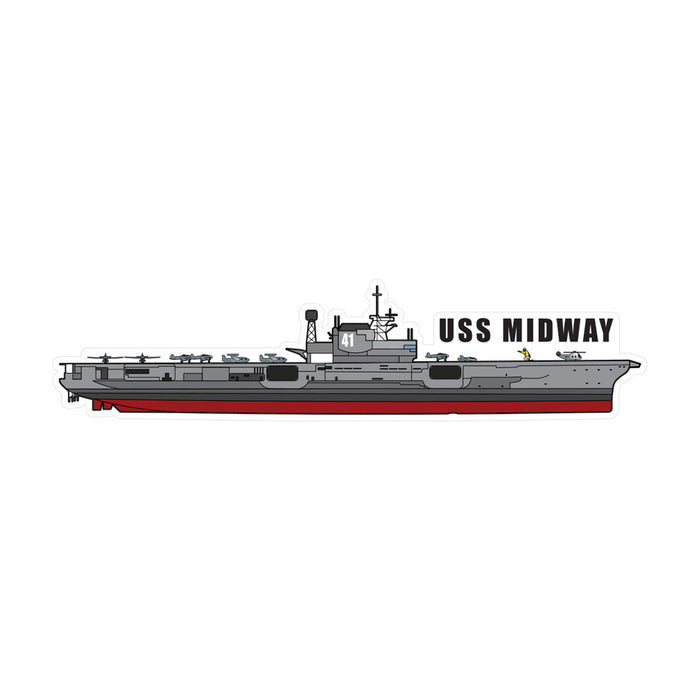Side view illustration of the USS Midway aircraft carrier with detailed planes on its deck, featuring “USS MIDWAY” in bold lettering alongside the ship. This USS Midway Museum Large Foil Magnet makes a perfect San Diego souvenir and a distinctive keepsake inspired by the iconic USS Midway Museum.